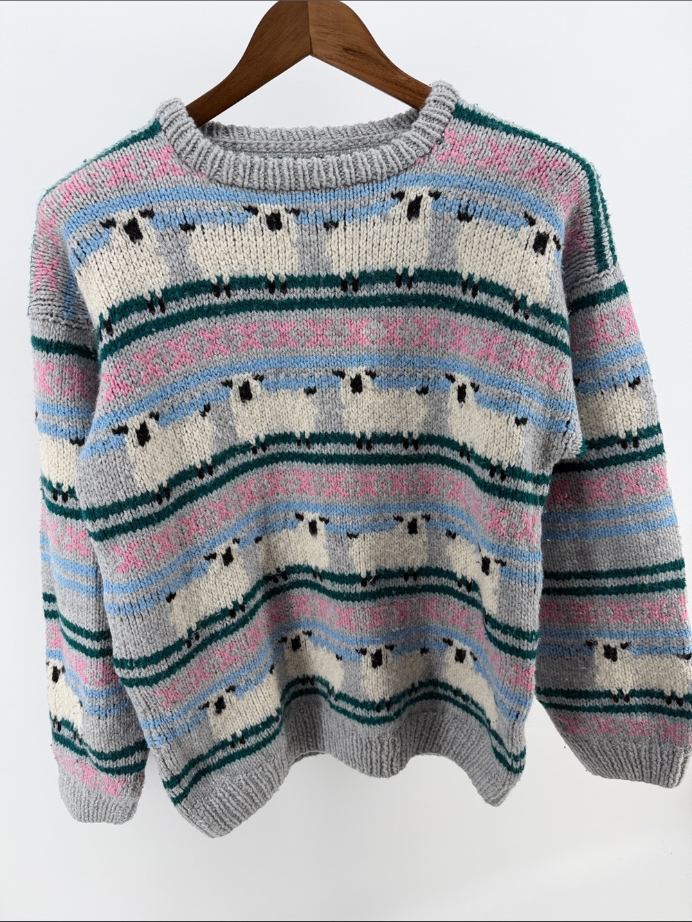 Striped Pastel Sheep Motif Crewneck Sweater - Grey with Pink & Blue